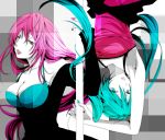  aqua_hair arms_up breasts cleavage dancing hatsune_miku highres long_hair megurine_luka nail_polish pink_eyes pink_hair pole pole_dancing rotational_symmetry ryoko_(pixiv) smile twintails upside-down vocaloid world&#039;s_end_dancehall_(vocaloid) world's_end_dancehall_(vocaloid) 