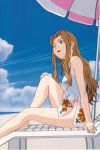  absurdres beach beach_umbrella brown_hair casual_one-piece_swimsuit endou_lorna ex-driver highres leg_up legs long_hair lounge_chair ocean one-piece_swimsuit sarong scan sitting smile solo sunbeam sunglasses sunglasses_on_head sunlight swimsuit 