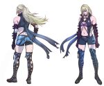  absurdres blonde_hair boots choker death_by_degrees earrings elbow_gloves elbow_pads gloves highres jewelry lips long_hair namco navel nina_williams ponytail popped_collar shorts solo tekken tekken_2 tekken_3 tekken_4 tekken_5_(dark_resurrection) tekken_tag_tournament thigh_boots thighhighs 