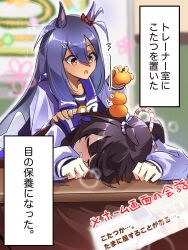  2girls absurdres animal_ears bandaid bandaid_on_face bandaid_on_nose black_hair blush bow bowtie breasts closed_eyes commentary_request dark-skinned_female dark_skin desk ear_scrunchie fang food fruit hair_between_eyes hair_ornament hairclip highres hishi_amazon_(umamusume) horse_ears horse_girl long_hair long_sleeves multiple_girls naegi_happy narita_brian_(umamusume) open_mouth orange_(fruit) ponytail purple_sailor_collar purple_serafuku purple_shirt red_eyes red_scrunchie rope sailor_collar sailor_shirt school_desk school_uniform scrunchie serafuku shimenawa shirt sleeping stacking striped_clothes striped_scrunchie tracen_school_uniform umamusume very_long_hair white_bow white_bowtie 