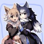  2girls animal_ears aoi5742 black_jacket blazer blonde_hair blue_hair bow bowtie closed_mouth coyote_(kemono_friends) dire_wolf_(kemono_friends) extra_ears gloves grey_eyes highres jacket kemono_friends kemono_friends_v_project long_hair looking_at_viewer microphone multiple_girls navel open_mouth ribbon scarf shirt short_hair simple_background skirt tail twintails virtual_youtuber white_shirt wolf_ears wolf_girl wolf_tail yellow_eyes 