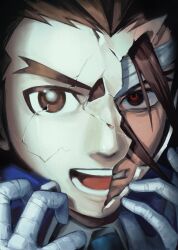  1boy ace_attorney apollo_justice apollo_justice:_ace_attorney bandaged_hand bandaged_head bandages blue_jacket blue_necktie broken_mask brown_eyes brown_hair clenched_teeth collared_jacket commentary_request cracked_kawaii_mask cracked_mask forked_eyebrows highres jacket male_focus mask necktie portrait richost shirt solo teeth white_shirt widow's_peak wing_collar 