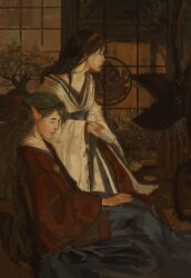  2others alternate_costume androgynous asian badge black_eyes black_hair blue_hakama bonsai bottle brown_headband closed_eyes closed_mouth expressionless feet_out_of_frame green_hair hairband hakama hakama_pants hand_on_lap hatsburg headband highres holding holding_bottle indoors japanese_clothes kimono kneeling leaning_forward len'en light_blush long_hair long_sleeves looking_ahead multiple_others nostrils other_focus pants pointy_ears realistic red_hairband red_hakama red_kimono red_ribbon ribbon ribbon-trimmed_sleeves ribbon_trim short_kimono shouji sitting sleeve_ribbon sliding_doors straight_hair sunset taira_no_chouki taira_no_chouki_(living) taira_no_fumikado thick_eyebrows thick_lips very_long_hair white_kimono wide_sleeves 