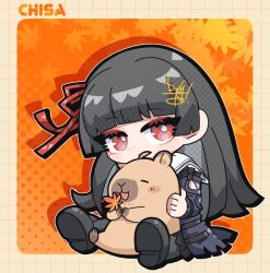  1girl black_hair black_jacket black_shoes bright_pupils capybara character_name chibi chibi_only chisa_(wuthering_waves) commentary dog-san hair_ribbon jacket long_hair looking_at_viewer namipon_(wuthering_waves) orange_background red_eyes red_ribbon ribbon shoes sitting symbol-only_commentary white_pupils wuthering_waves 