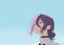  1girl absurdres black_choker black_ribbon chainsaw_man choker commentary green_eyes hair_between_eyes hair_bun highres joadv long_hair_between_eyes neck_ribbon reze_(chainsaw_man) ribbon shirt shirt_tucked_in single_hair_bun sleeveless sleeveless_shirt solo 