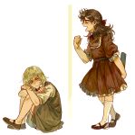  2girls aged_down battle_tendency blonde_hair brown_hair caesar_anthonio_zeppeli child dress facial_mark frilled_dress frills green_eyes hair_bow half_updo highres jojo_no_kimyou_na_bouken joseph_joestar joseph_joestar_(young) mary_janes messy_hair multiple_girls shoes sitting socks tears white_socks zhoujo51 