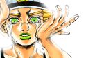  1boy baseball_cap blonde_hair emporio_alnino green_eyes green_lips hand_on_another&#039;s_cheek hand_on_another&#039;s_face hat jojo_no_kimyou_na_bouken male_child metamin_(memethah) migikata_no_chou_(vocaloid) official_style parody pov pov_hands solo_focus stone_ocean tears 