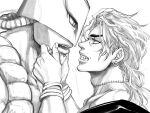  2boys bracelet clenched_teeth dio_brando fangs greyscale jewelry jojo_no_kimyou_na_bouken looking_at_another male_focus merumeru626 monochrome mullet multiple_boys scar scar_on_neck sharp_teeth stand_(jojo) stardust_crusaders stitched_neck stitches teeth the_world 