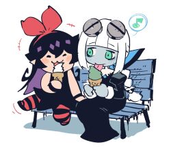  2girls :3 black_dress black_hair blue_skin blunt_bangs blush_stickers bow bow_hairband braid colored_skin dress flora_(rariatto) food green_eyes hair_bow hairband highres holding holding_food holding_ice_cream hole_in_head ice_cream ice_cream_cone juliet_sleeves long_dress long_hair long_sleeves marshmallow_(site) multiple_girls noss_&amp;_zakuro object_through_head pantyhose pointy_ears puffy_sleeves rariatto_(ganguri) red_bow red_hairband red_pantyhose request_inset screw_in_head single_braid smile striped_clothes striped_pantyhose vampire white_hair wristband zakuro_(rariatto) 