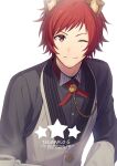  1boy animal_ears buttons chymr333 cup dog_boy dog_ears facial_hair goatee highres idolmaster idolmaster_side-m looking_at_viewer male_focus one_eye_closed paw_print red_eyes redhead smile solo star_(symbol) teacup tendo_teru white_background 