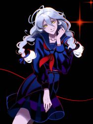  1girl black_background blue_sailor_collar blue_serafuku blue_shirt blue_skirt braid character_request commentary copyright_request english_commentary hair_between_eyes highres long_hair looking_at_viewer neckerchief red_neckerchief sailor_collar school_uniform serafuku shirt skirt solo sweepswoop twin_braids white_hair yellow_eyes 