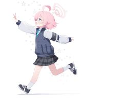  1girl ahoge alternate_hair_length alternate_hairstyle black_shoes black_skirt blue_archive blue_eyes blue_necktie blue_vest collared_shirt commentary deyui full_body halo hoshino_(blue_archive) necktie open_mouth outstretched_arm pink_hair pink_halo plaid_clothes plaid_skirt pleated_skirt shirt shoes short_hair simple_background skirt sneakers socks solo standing standing_on_one_leg star_(symbol) symbol-only_commentary transparent_background vest white_shirt white_socks 