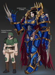  1boy 1girl absurdres arm_blade armor astra_militarum badcompzero black_hair black_lips blue_armor cape genderswap genderswap_(mtf) gold_trim goth_fashion green_armor hammer height_difference highres konrad_curze measurements red_cape skull_ornament soldier spikes tall_female torn_cape torn_clothes war_hammer warhammer_40k weapon 