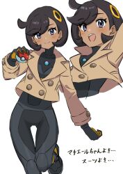  1girl black_bodysuit black_gloves black_hair blue_eyes blush bodysuit bodysuit_under_clothes brown_jacket closed_mouth commentary_request dark-skinned_female dark_skin emma_(pokemon) gloves hair_ornament highres holding holding_poke_ball jacket kousuke0912 latex latex_bodysuit looking_at_viewer mega_stone open_mouth orange_gloves poke_ball poke_ball_(basic) pokemon pokemon_legends:_z-a short_hair simple_background smile two-tone_gloves 
