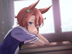  1girl :/ animal_ears black_neckerchief blue_eyes brown_hair commentary ear_ornament expressionless forehead from_side hair_between_eyes hand_on_own_cheek hand_on_own_face head_rest highres horse_ears horse_girl katuko_deluxe looking_at_viewer narita_taishin_(umamusume) neckerchief parted_bangs purple_sailor_collar purple_serafuku purple_shirt sailor_collar sailor_shirt school_uniform serafuku shirt short_hair solo summer_uniform tracen_school_uniform umamusume 
