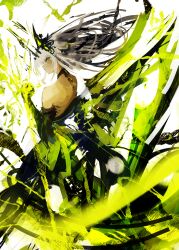  1girl absurdres bad_id bad_twitter_id black_gloves closed_mouth dress duet_night_abyss from_behind gloves green_eyes green_theme hair_ornament highres long_hair lue_(llue_l) profile psyche_(duet_night_abyss) solo white_hair 