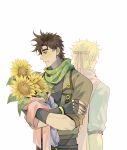  2boys battle_tendency blonde_hair blue_jacket bomber_jacket bouquet brown_hair caesar_anthonio_zeppeli facial_mark fingerless_gloves flower ghost gloves green_eyes green_scarf headband highres holding holding_clothes jacket jojo_no_kimyou_na_bouken joseph_joestar joseph_joestar_(young) male_focus multiple_boys pink_scarf scarf striped striped_scarf sunflower translucent triangle_print zhoujo51 