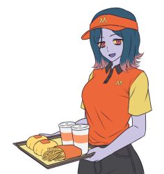  1girl bags_under_eyes black_hair black_pants breasts collared_shirt colored_sclera colored_skin commentary contrast_collar cowboy_shot cup disposable_cup employee_uniform english_commentary fast_food_uniform food french_fries hat kirby_otaku looking_at_viewer medium_breasts misdreavus open_mouth orange_hat orange_shirt pants personification pokemon purple_skin red_eyes shirt short_sleeves simple_background smile solo transparent_background visor_cap yellow_sclera 
