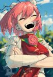 1girl absurdres bandaged_arm bandages blast-7 blue_sky blurry blurry_background breasts bun_cover closed_eyes clouds commentary_request crossed_arms day double_bun falling_leaves flower hair_between_eyes hair_bun highres ibaraki_kasen laughing leaf long_bangs medium_breasts open_mouth outdoors pink_flower pink_hair pink_rose rose shirt short_hair short_sleeves sky smile solo tabard teeth touhou upper_body white_shirt 
