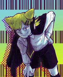  1girl absurdres barcode black_eyes black_socks blonde_hair blue_nails grin hair_horns hair_ornament hairclip hand_on_own_knee headphones heart heart-shaped_pupils highres jacket jacket_on_shoulders kneehighs leaning_forward looking_at_viewer medium_hair model_employee_(nth_circle) necktie pale_skin penny_(model_employee) sharkinfishnetz shirt smile socks solo symbol-shaped_pupils white_shirt 