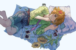  1boy alternate_costume animalization antenna_hair barefoot basil_(faraway)_(omori) basil_(headspace)_(omori) basil_(omori) belt blonde_hair blue_eyes blue_shorts blush brown_belt closed_mouth commentary_request denim denim_shorts flower hair_flower hair_ornament highres kanaraki lying male_focus notepad omori omori_(omori) on_side photo_(object) pillow short_hair shorts solo sunflower sweatdrop 