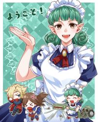  >_< 1boy 2girls amulet anger_vein angry apron blonde_hair blue_shirt blue_skirt book brown_eyes brown_hair castlevania:_portrait_of_ruin castlevania_(series) charlotte_aulin checkered_background chibi coat commentary_request curly_hair green_background green_hair highres holding holding_book jonathan_morris long_hair looking_at_viewer maid maid_apron maid_headdress multiple_girls persephone_(castlevania) pointy_ears red_coat shirt skirt skirt_hold skull translated user_pjdc3332 vacuum_cleaner wind wind_lift 