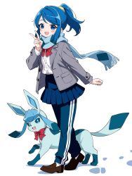  1girl :d blue_eyes blue_hair blue_pants blue_scarf blue_skirt blush bow bowtie brown_shoes commentary full_body glaceon grey_jacket hand_up highres jacket jikkyou_powerful_pro_yakyuu kamiki_yui long_sleeves looking_at_viewer niyane open_clothes open_jacket open_mouth pants pants_under_skirt parted_bangs pleated_skirt pokemon pokemon_(creature) ponytail power_pro_kun_pocket power_pro_kun_pocket_4 red_bow red_bowtie scarf shirt shoes short_hair sidelocks simple_background skirt smile standing striped_clothes striped_pants symbol-only_commentary v vertical-striped_clothes vertical-striped_pants white_background white_shirt 