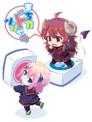  2girls :d aged_down black_thighhighs blue_eyes blunt_bangs brown_eyes brown_hair brown_sailor_collar brown_shirt brown_skirt chibi chibi_only chiyoda_momo commentary_request curled_horns demon_girl demon_horns demon_tail donjara fang full_body green_shoes hair_between_eyes hair_ornament highres holding horns long_hair looking_at_another machikado_mazoku medium_hair miniskirt multiple_girls n88_colpla open_mouth parted_lips pink_hair plaid_clothes plaid_skirt pleated_skirt sailor_collar school_uniform serafuku shirt shoes sidelocks simple_background skin_fang skirt smile speech_bubble standing standing_on_one_leg straight_hair tail tail_raised thigh-highs translation_request very_long_hair wavy_hair white_background x_hair_ornament yoshida_yuuko 