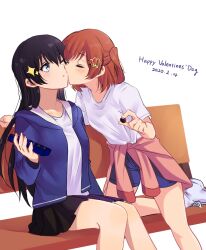  17aijo 2girls :/ aijou_karen arm_at_side black_hair black_skirt blue_jacket blue_shorts blush box brown_hair chinese_commentary chocolate closed_eyes closed_mouth clothes_around_waist commentary crown_hair_ornament english_text face-to-face facing_another feet_out_of_frame food foot_out_of_frame grey_eyes hair_between_eyes hand_rest hand_up hands_up happy_valentine heads_together highres holding holding_box holding_chocolate holding_food jacket jacket_around_waist kagura_hikari kiss kissing_cheek knees_together_feet_apart leg_up long_hair long_sleeves looking_at_another medium_hair multiple_girls on_bench on_one_knee one_eye_closed open_clothes open_jacket pink_jacket pleated_skirt shirt shoes short_sleeves shorts shoujo_kageki_revue_starlight simple_background sitting skirt sparkle_hair_ornament standing standing_on_one_leg swept_bangs white_background white_shirt white_shoes yuri 
