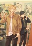  2boys black_hair black_jacket black_pants blonde_hair brown_jacket cd_case commentary headphones holding holding_headphones jacket long_sleeves male_focus miyasumi_tatsuru multiple_boys open_mouth pants poster_(object) ryman&#039;s_club shelf shiratori_mikoto_(ryman&#039;s_club) shirt short_hair symbol-only_commentary thumb_in_pocket vuls406 white_shirt 