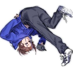  1girl animification black_nails black_pants blue_hoodie brown_hair camcorder camera checkered_shoes commentary drawstring eddsworld english_commentary full_body giotletranly highres holding holding_camera hollow_eyes hood hoodie looking_at_viewer pants ponytail short_hair simple_background solo tamara_(eddsworld) video_camera white_background 