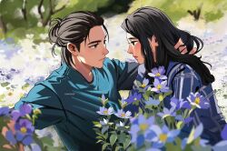  1boy 1girl artist_name black_hair blue_flower blue_shirt closed_mouth commentary couple english_commentary eren_yeager field flower flower_field forget-me-not_(flower) hair_bun hand_in_another's_hair hetero highres long_hair looking_at_another meadow medium_hair mikasa_ackerman outdoors parted_lips plaid_clothes plaid_shirt shingeki_no_kyojin shirt sumiensp tree updo upper_body 