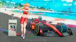  1girl artist_name beach car character_name confetti crunchyroll elbow_gloves ferrari ferrari_sf-23 formula_one gloves highres imrinzlergtz_art love_live! love_live!_superstar!! motor_vehicle orange_hair pirelli podium pointing pointing_at_self racequeen racetrack scuderia_ferrari shell_(company) shibuya_kanon spoiler_(automobile) tire trophy vehicle_name violet_eyes 