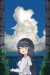  1girl :d ^_^ absurdres black_hair blue_archive blue_sky blurry bow closed_eyes clouds cloudy_sky commentary_request depth_of_field fence glasses hair_between_eyes hair_bow hair_ribbon hairband halo highres horizon hrna long_hair long_sleeves looking_at_viewer looking_back low_twintails ocean ribbon school_uniform serafuku sidelocks sky smile solo twintails ui_(blue_archive) 