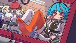  1girl absurdres ahoge arcade barefoot belt blue_hair bunnychidraw controller crane_game dress feet foot_focus futuristic_outfit glass_reflection hair_ornament headset highres indie_virtual_youtuber indoors joystick leg_up legs_up looking_at_viewer michi_(vtuber) microphone multicolored_hair number_print short_hair signature single_thighhigh sleeveless sleeveless_dress smile soles stuffed_animal stuffed_toy thigh-highs toes virtual_youtuber 