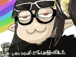  :3 crossover eva_(mon-musu_quest!) eyewear_on_head galactic_nova hair_ornament hair_scrunchie half-closed_eyes highres kirby_(series) kirby_air_ride kirby_air_riders lucifina_(mon-musu_quest!) mon-musu_quest! mon-musu_quest:_paradox rainbow red_eyes round_eyewear scene_reference scrunchie setouchi_(blackse) sunglasses 