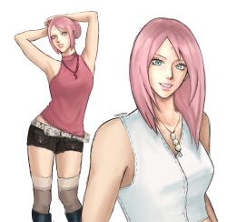  1girl alternate_costume alternate_hairstyle aqua_eyes armpits arms_behind_head artist_name black_boots bleeehrghw boots breasts brown_shorts cargo_shorts english_commentary eyelashes facial_mark feet_out_of_frame forehead_mark fur-trimmed_belt hair_bun haruno_sakura hashtag-only_commentary highres ibispaint_(medium) jewelry knee_boots lace-trimmed_shirt lace_trim looking_at_viewer medium_breasts medium_hair midriff_peek multiple_views naruto_(series) naruto_shippuuden necklace parted_lips pink_hair pink_lips pink_shirt shirt short_shorts shorts simple_background single_hair_bun sketch sleeveless sleeveless_turtleneck straight_hair swept_bangs teeth thigh-highs turtleneck upper_body vest white_background white_vest y2k_fashion 