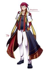  1boy arch_bishop_(ragnarok_online) black-framed_eyewear black_coat black_gloves black_ribbon black_shirt black_shoes closed_mouth coat commentary_request cross cross_necklace flowery_peko full_body gloves gold_trim hair_ribbon jewelry long_sleeves looking_at_viewer mage_staff male_focus mole mole_under_eye necklace official_alternate_costume open_clothes open_coat pants ragnarok_online red_eyes red_hair ribbon semi-rimless_eyewear shirt shoes short_bangs short_hair simple_background smile solo staff standing under-rim_eyewear white_background white_pants 