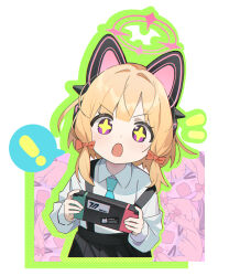  ! >_< +_+ 1girl animal_ear_headphones animal_ears black_skirt blonde_hair blue_archive blue_necktie blush bow cat_ear_headphones cat_ears character_background collared_shirt commentary fake_animal_ears green_outline hair_bow halo handheld_game_console headphones highres holding holding_handheld_game_console long_sleeves looking_at_viewer low-tied_sidelocks momoi_(blue_archive) necktie nintendo_switch no_jacket notice_lines og-pogg open_mouth outline parted_bangs pink_background pink_halo pleated_skirt red_bow shirt short_hair sidelocks skirt solo speech_bubble spoken_exclamation_mark suspender_skirt suspenders suspenders_slip tareme upper_body v-shaped_eyebrows violet_eyes white_background white_shirt 