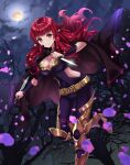  1girl armor belt bodysuit cape cleavage_cutout clothing_cutout fire_emblem fire_emblem_engage full_body hair_ornament highres holding holding_knife holding_weapon kakiko210 knife long_hair looking_at_viewer moon red_eyes redhead star_(symbol) star_hair_ornament weapon yunaka_(fire_emblem) 