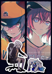  4girls adjusting_clothes adjusting_headwear ange_katrina animal_ears arm_up armband baseball_cap baseball_jersey baseball_uniform black_border black_jacket black_shoes blue_armband blue_eyes blue_hair blue_thighhighs border brown_hair brown_sweater chair clenched_teeth clothes_writing commentary_request crossed_bangs diamond-shaped_pupils diamond_(shape) dogeza drop_shadow ears_through_headwear gaming_chair gradient_eyes grey_hair grey_skirt grin hair_between_eyes hair_ornament hand_on_own_thigh hat heterochromia higuchi_kaede higuchi_kaede_(1st_costume) inui_toko jacket jersey lapels lize_helesta lize_helesta_(1st_costume) long_bangs long_hair long_sleeves looking_at_viewer medium_hair miniskirt monocle multicolored_eyes multicolored_hair multiple_girls nijisanji nijisanji_koshien no_eyes notched_lapels on_chair open_clothes open_jacket orange_hat orange_shirt outline pleated_skirt ponytail reaching reaching_towards_another red_eyes red_hair rita_(56yellow) school_uniform shirt shoes sidelocks sideways_hat sitting skirt smile socks sportswear streaked_hair sweater swivel_chair symbol-shaped_pupils teeth thigh-highs twitter_username two-tone_hair very_long_hair violet_eyes virtual_youtuber watermark white_hair white_hat white_jacket white_outline white_shirt white_socks yellow_eyes 