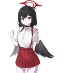  1girl absurdres alternate_costume alternate_skin_color black_choker black_eyes black_hair black_wings blue_archive choker collared_shirt colored_skin commentary_request cosplay feathered_wings frown hair_between_eyes halo hanako-san_(toire_no_hanako-san) hanako-san_(toire_no_hanako-san)_(cosplay) highres hrna looking_at_viewer mashiro_(blue_archive) pale_skin pleated_skirt red_skirt school_uniform shirt short_hair short_sleeves sidelocks simple_background skirt solo suspender_skirt suspenders toire_no_hanako-san white_background white_shirt wings 