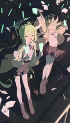  2girls :d ^_^ absurdres alternate_costume belt black_belt black_boots black_ribbon black_skirt blue_archive blush boots closed_eyes collared_jacket collared_skirt commentary_request dan_nako demon_tail fang floating_clothes floating_hair flying_paper glowstick green_hair green_jacket hair_between_eyes hair_floating_upwards hands_up highres hikari_(blue_archive) holding holding_glowstick jacket jumping long_hair long_sleeves multiple_girls nozomi_(blue_archive) open_clothes open_jacket pantyhose paper ribbon shirt shorts siblings skin_fang skirt smile sparkle standing straight_hair tail twins twintails white_pantyhose white_shirt 