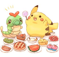  animal_focus bitter_melon blush cake candy caterpie caterpillar cheese closed_eyes commentary cupcake fat_pikachu food fruit highres holding holding_candy holding_food holding_lollipop lollipop mimix no_humans open_mouth pie pikachu plate poffin pokemon pokemon_(creature) pokemon_focus sausage smile symbol-only_commentary watermelon 