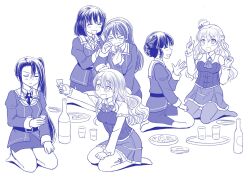  >_< 6+girls alcohol ashigara_(kancolle) ashigara_kai_ni_(kancolle) blue_theme bottle bow bowtie closed_eyes closed_mouth commentary_request crying cup haguro_(kancolle) haguro_kai_ni_(kancolle) hair_between_eyes hair_bun hat holding holding_cup jacket kantai_collection kneeling long_hair long_sleeves miniskirt monochrome multiple_girls myoukou_(kancolle) myoukou_kai_ni_(kancolle) nachi_(kancolle) nachi_kai_ni_(kancolle) open_mouth pantyhose pola_(kancolle) shimazaki_mujirushi short_hair side_ponytail side_slit simple_background skirt tears thigh-highs tray zara_(kancolle) 