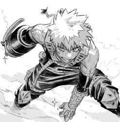  1boy bakugou_katsuki bare_shoulders belt blood blood_on_face boku_no_hero_academia commentary_request detached_sleeves explosive grenade greyscale grin highres holster injury knee_pads korean_commentary looking_to_the_side male_focus monochrome pants sanpaku scar scar_on_cheek scar_on_face smile solo superhero_costume teeth thatsmyquirk thigh_holster uneven_eyes white_background 