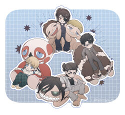  1other 3boys armin_arlert beast_titan black_hair black_pantyhose black_tank_top blonde_hair blue_eyes border brown_hair character_doll chibi chibi_only colossal_titan doll eren_yeager eyepatch grey_jacket grey_pants grid_background grin hair_bun hange_zoe highres jacket levi_(shingeki_no_kyojin) lovewithyou_159 medium_hair multiple_boys pants pantyhose parted_bangs plaid_clothes plaid_pants ponytail rogue_titan shingeki_no_kyojin shirt short_hair smile tank_top teeth titan_(shingeki_no_kyojin) twitter_username updo white_border white_shirt 