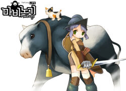  1girl archived_source arm_guards armor arrow_(projectile) bare_shoulders bell black_eyes black_fur blue_fur blue_hair breastplate brown_collar brown_eyes brown_shorts calico_(pattern) calico_cat cat collar commentary_request copyright_name cow cowbell dress elbow_gloves english_text expressionless frown gloves greaves green_eyes green_pupils half_updo helmet holding holding_shield holding_sword holding_weapon korean_commentary korean_text leather_armor logo looking_to_the_side mabinogi medium_hair multicolored_fur nexon nostrils orange_fur over-kneehighs pelvic_curtain player_character_(mabinogi) ran_system shield short_tail shorts simple_background sleeveless sleeveless_dress slit_pupils socks sword tail thigh-highs weapon white_background white_fur white_socks yellow_dress yellow_gloves 