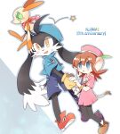  1girl 2boys animal_ears blue_eyes blue_headwear blue_shorts blush brown_hair furry furry_female furry_male gloves holding_hands kaze_no_klonoa klonoa lolo_(klonoa) monkey_ears monkey_tail multiple_boys no_01 pink_headwear popka red_footwear shorts sitting tail white_background yellow_eyes yellow_gloves 