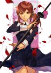  1girl black_dress brown_eyes brown_hair dress habit hair_ornament hair_scrunchie hankuri holding holding_polearm holding_weapon long_hair looking_at_viewer mole mole_under_mouth noel_(tsukihime) nun polearm scrunchie side_ponytail smile solo tsukihime tsukihime_(remake) weapon 